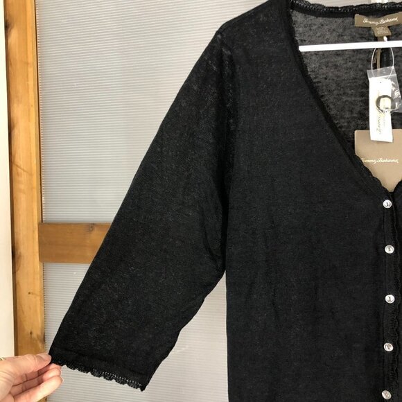 TOMMY BAHAMA NWT Lea 100% Linen Scalloped Black 3/4 Sleeve Cardigan  Sz L - Picture 3 of 8